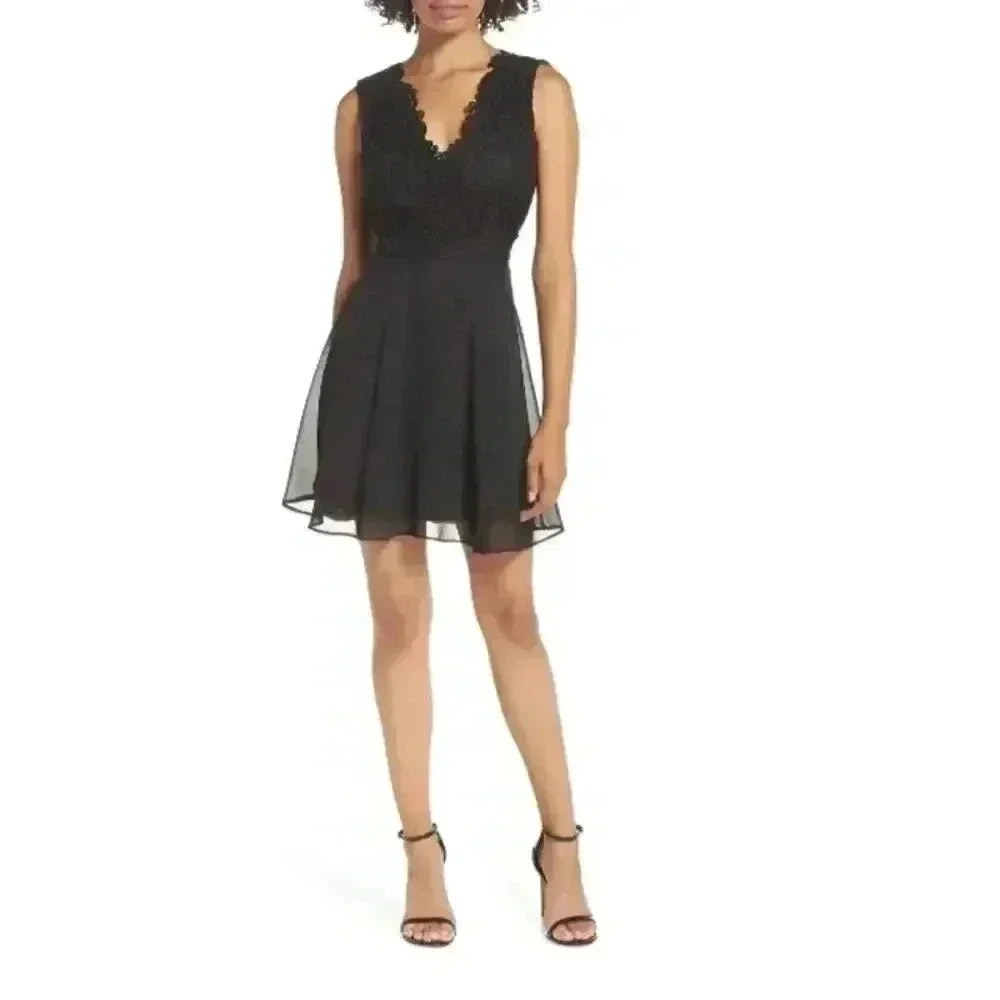 Lulus Lace & Chiffon Skater Dress Black Size Large